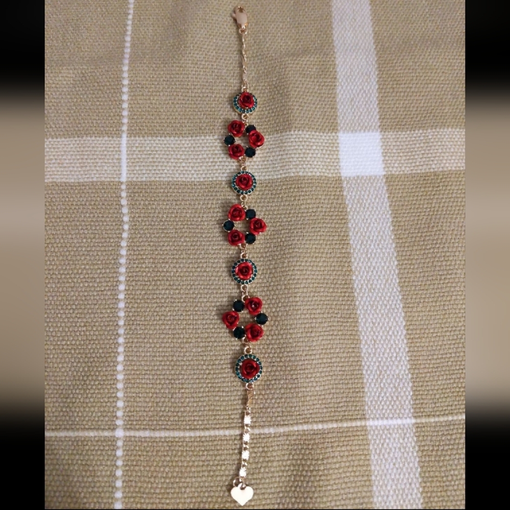 Elegant Gold Plated Red Floral Bracelet